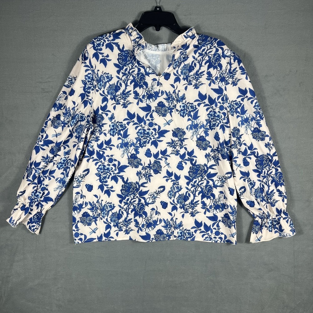 Floral Ruffle Neck Blouse Women's XL Blue White Long Sleeve Top Pullover